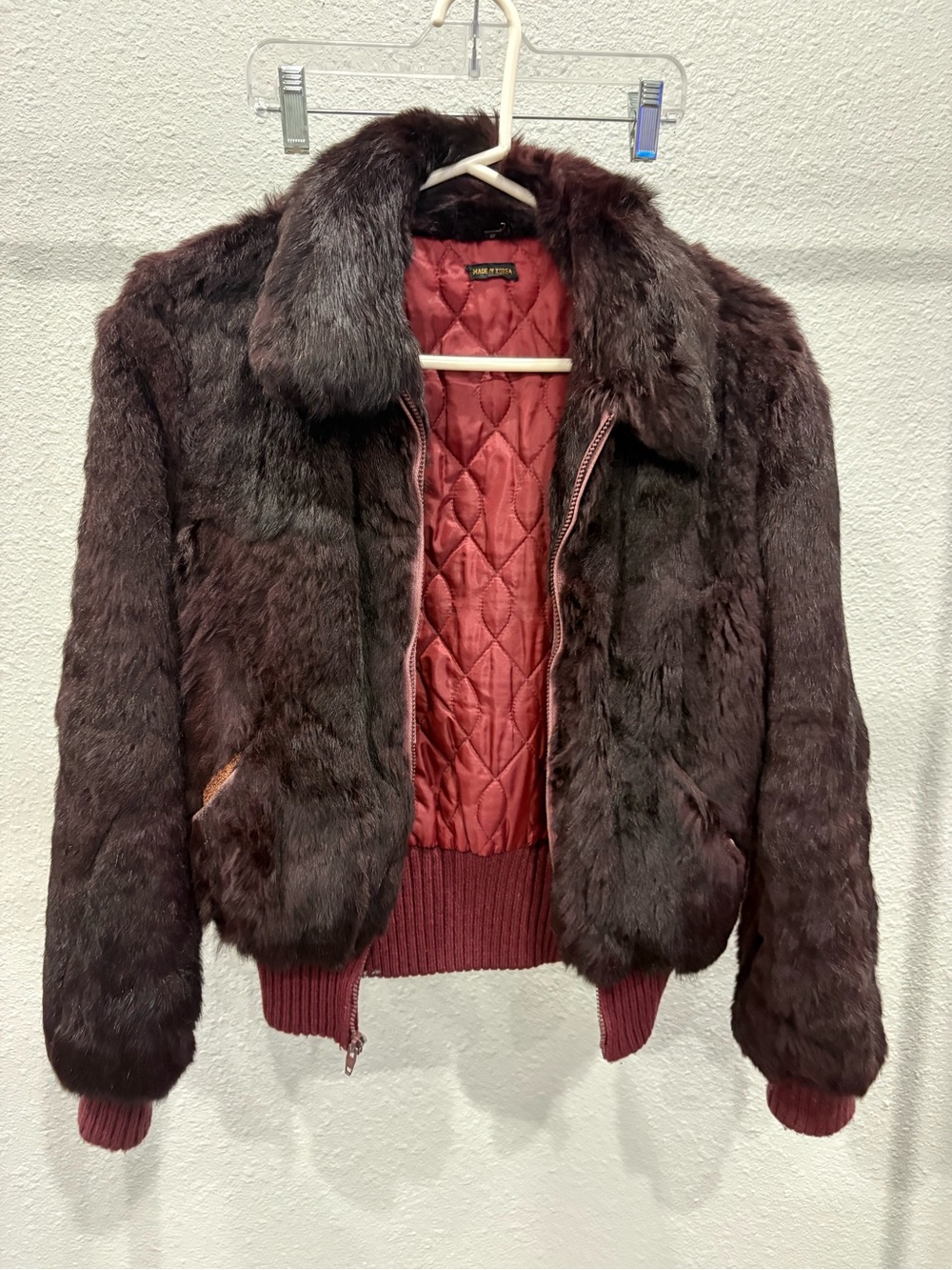 Vintage Fur Bomber Jacket sz S - Deep Red/ Maroon - Picture 2 of 2
